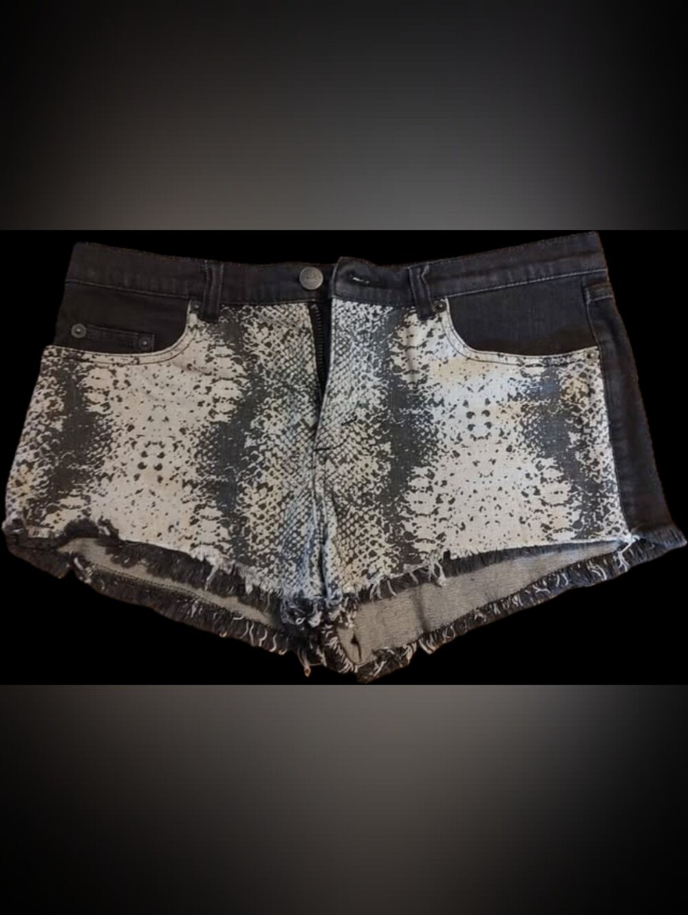 RVCA Black and White Snake-Print Denim Cutoff Shorts